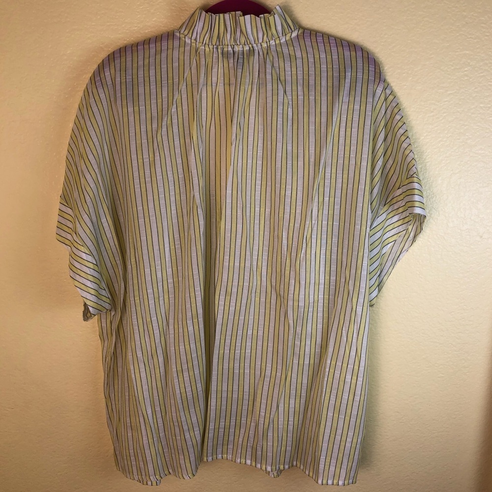 Banana Republic White Yellow Striped Short Sleeve Ruffle Collar V-Neck Blouse - Picture 6 of 9